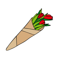 Bouquet of red tulips in craft paper