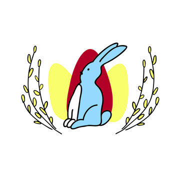 Cute Easter Bunny, willow twigs, colorful eggs