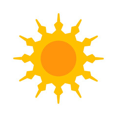Yellow sun with lights. Sunny hot illustration. Summer simple ray. Sunbeam icon