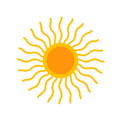 Yellow sun with lights. Sunny hot illustration. Summer simple ray. Sunbeam icon