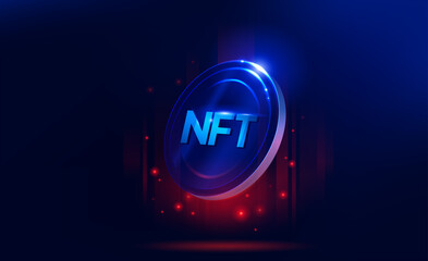 NFT nonfungible token illustration with red and blue glowing lights dark blue background. Vector cryptocurrency