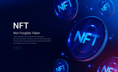 NFT nonfungible token illustration with red and blue glowing lights dark blue background. Vector cryptocurrency - obrazy, fototapety, plakaty