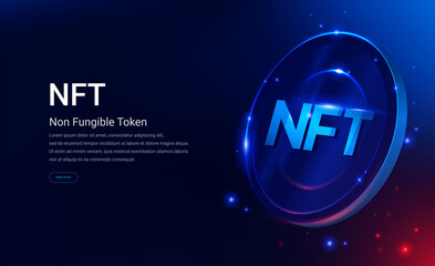 NFT nonfungible token illustration with red and blue glowing lights dark blue background. Vector cryptocurrency