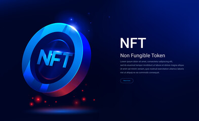Fototapeta NFT nonfungible token illustration with red and blue glowing lights dark blue background. Vector cryptocurrency obraz