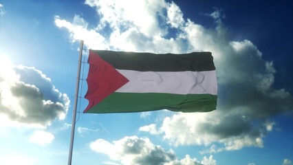 Flag of Palestine waving at wind against beautiful blue sky. 3d rendering