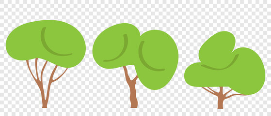 Set of trees with green leaves, flat vector cartoon illustration. Template for creating landscape summer design solutions, children's drawings.