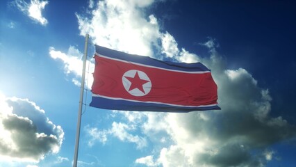 Flag of North Korea waving at wind against beautiful blue sky. 3d rendering