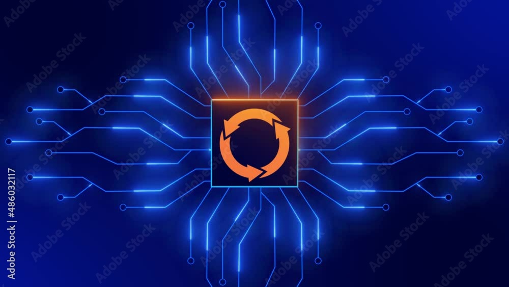 Poster futuristic digital circuit technology background - rotating update sign in frame between expanding i