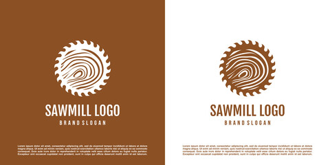 Saw mill logo design with creative element concept Premium Vector - obrazy, fototapety, plakaty