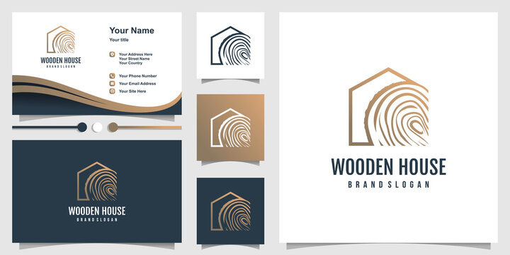 Wood house logo design with creative element concept Premium Vector