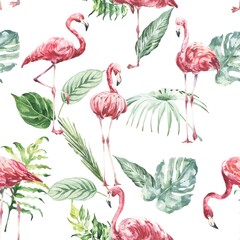 Pink flamingo and green tropical leaves seamless pattern on white background. Watercolour illustration. 