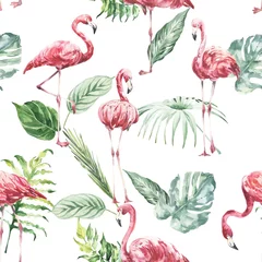 Wallpaper murals Flamingo Pink flamingo and green tropical leaves seamless pattern on white background. Watercolour illustration. 