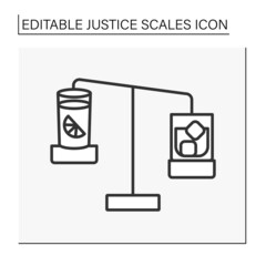  Balance line icon. Antique balance scales with lemonade and alcohol. Choice between hard drink and juice. Justice scales concept. Isolated vector illustration. Editable stroke
