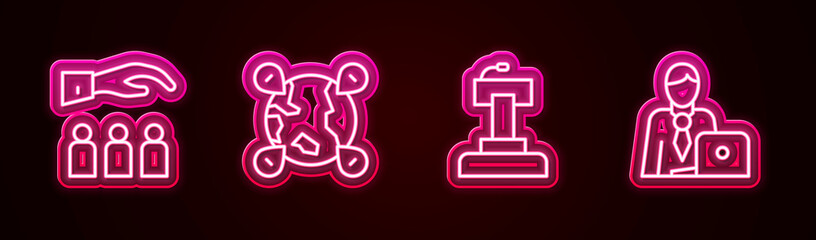 Set line Boss with employee, Location on the globe, Stage stand or tribune and Businessman. Glowing neon icon. Vector