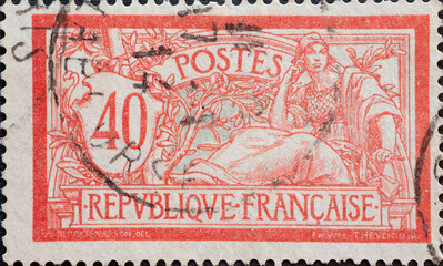 France - circa 1900: A postage stamp from France showing Allegorical subjects (Type Merson)