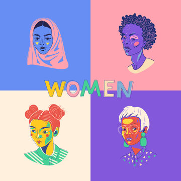 Banner for International Women's Day. Four female face types of different nationalities and appearances together. Friendship and sisterhood. Vector illustration