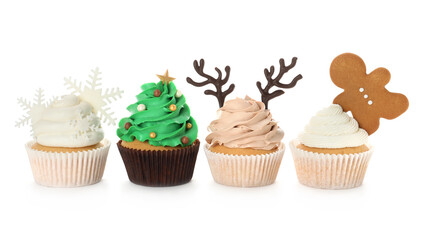 Different beautiful Christmas cupcakes on white background