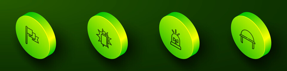 Set Isometric line Location marker, Hand grenade, Flasher siren and Military helmet icon. Vector