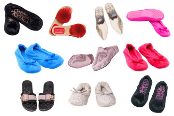 Collage Set Womens shoes. A collection of feminine elegant colourful stylish slippers isolated on a white background. Slipper fashion for summer and winter. Modern design footwear for girls.