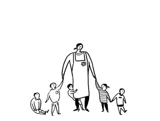 小さい子供と手を繋ぐエプロン姿の女性、線画（横、下中央配置）