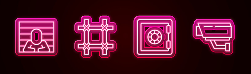 Set line Prisoner, window, Safe and Security camera. Glowing neon icon. Vector
