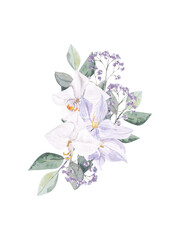 Purple floral bouquet watercolor illustration with hand drawn boho flower, orchid in color trandy very peri. Violet  floral composition illustration for wedding card, bridal shower, baby shower © gingernatyart