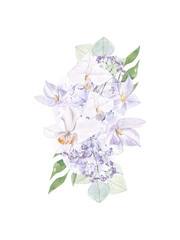 Purple floral bouquet watercolor illustration with hand drawn boho flower, orchid in color trandy very peri. Violet  floral composition illustration for wedding card, bridal shower, baby shower © gingernatyart