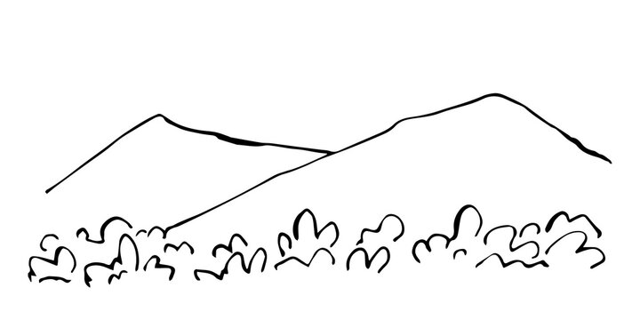 Hand-drawn simple vector landscape in black outline. Trees, bushes in the foreground outlines of mountains on the horizon, hills. Wildlife, tourism, nature, rural landscape.