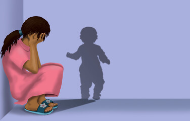 A crying girl. Casting the shadow of a small child. A symbol of abortion or termination of pregnancy.