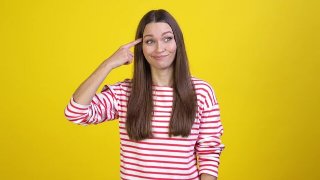 Lady laugh solution finger forehead screw isolated vivid color background