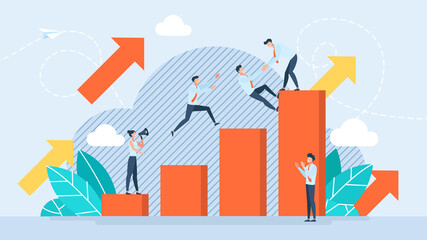 Team building concept. Business illustration. Teamwork, cooperation. The leader helps the team members to succeed. The metaphor of development, presentation, teambuilding. Vector flat design style. 