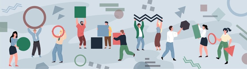 Vector flat cartoon characters hold,carry and move abstract geometric shapes figures-metaphor of effective teamwork of startup team,business company employees workflow concept,web site banner design