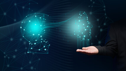 Artificial intelligence concept, robot training and technology development. Male hand under head hologram with connection