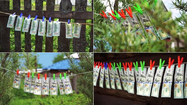 Split screen. Paper hundred dollar bills on a rope. One hundred US dollar bills hang and dry, attached with clothespins.