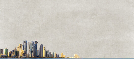 Qatar city skyline banner design with textured background and empty space for text. Inspired by...