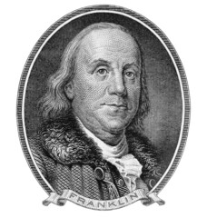 Benjamin Franklin portrait Of Series 1928 A , US dollars banknote.  Vertical close up Old portrait.
 - obrazy, fototapety, plakaty