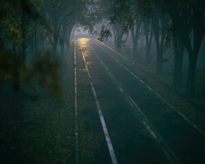 Empty misty road in an autumn forest leading to a tunnel. High angle view. 3D render.