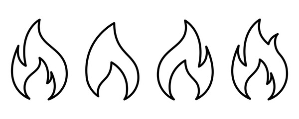 Fire flame icon set. Flame icon in black. Fire symbol in outline. Fireball sign. Campfire symbol in line. Flame vector. Stock vector illustration © ivbiv