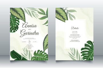 Elegant wedding invitation card with tropical leaves template Premium Vector