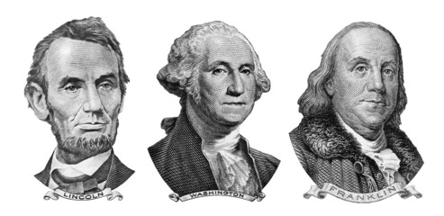 US presidents George Washington, Benjamin Franklin, Abraham Lincoln , portraits from US dollar bills isolated, United States money closeup - obrazy, fototapety, plakaty
