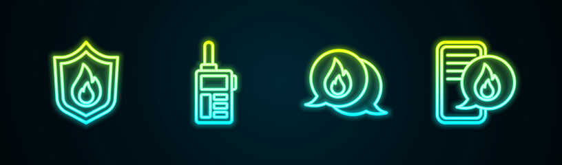 Obraz premium Set line Fire protection shield, Walkie talkie, Telephone call 911 and Phone with emergency. Glowing neon icon. Vector