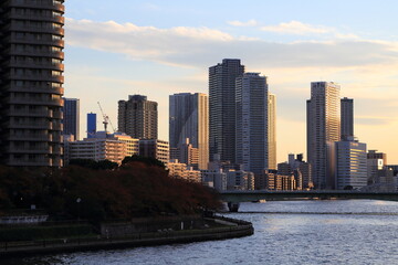 隅田川沿いに建ち並ぶ高層マンション群の夕景