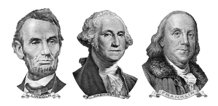 US presidents George Washington, Benjamin Franklin, Abraham Lincoln , portraits from US dollar bills isolated, United States money closeup