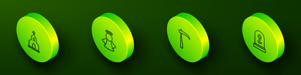 Set Isometric line Church building, Angel, Scythe and Grave with tombstone icon. Vector