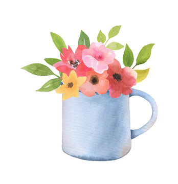 Blue Watercolor cup With pink Flower Bouquet. Spring hand drawn bouquet with wildflowers isolated on white background.