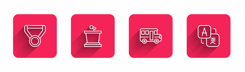Set line Medal, Stage stand, School Bus and Translator with long shadow. Red square button. Vector