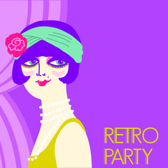 Retro party invitation card. Vintage flapper girl in 1920s style fashion dress and long beads. Vector retro woman with dark hair on illustration background for text