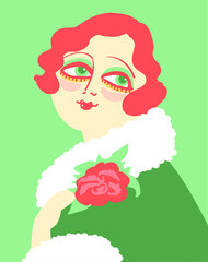 Vintage woman portrait in 1920s style fashion with red flower in hand. Vector retro style flapper girl with red hairdo