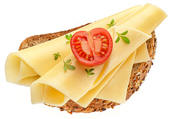 Gouda cheese slices on rye bread isolated, top view