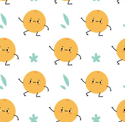 Cute funny orange fruit character. Hand drawn cartoon kawaii character illustration seamless pattern. Vector t-shirt design for kids, cute lemon with text